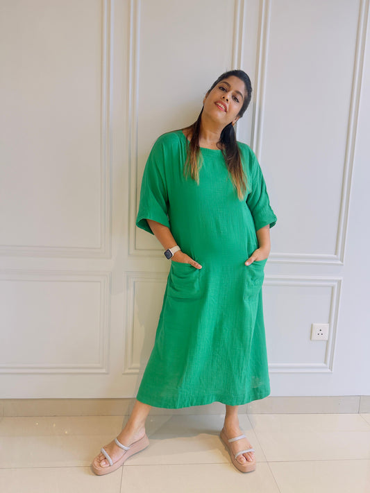 Crush cotton green front pocket dress