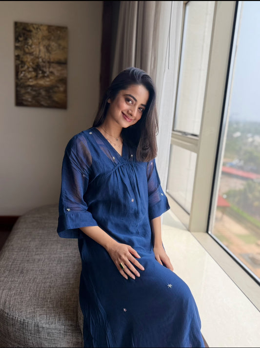 Blue Silkcotton Kaftan Dress With Flower  Embroidery Detailing - T23