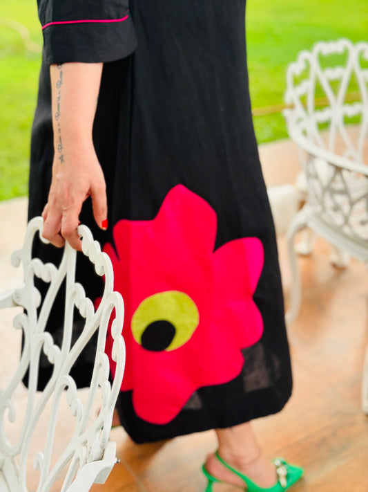 Black Midi Dress With Red Embroidered Detailing - d23