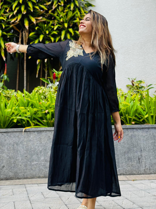 Black Silk Cotton Dress With Handwork Detailing - p23