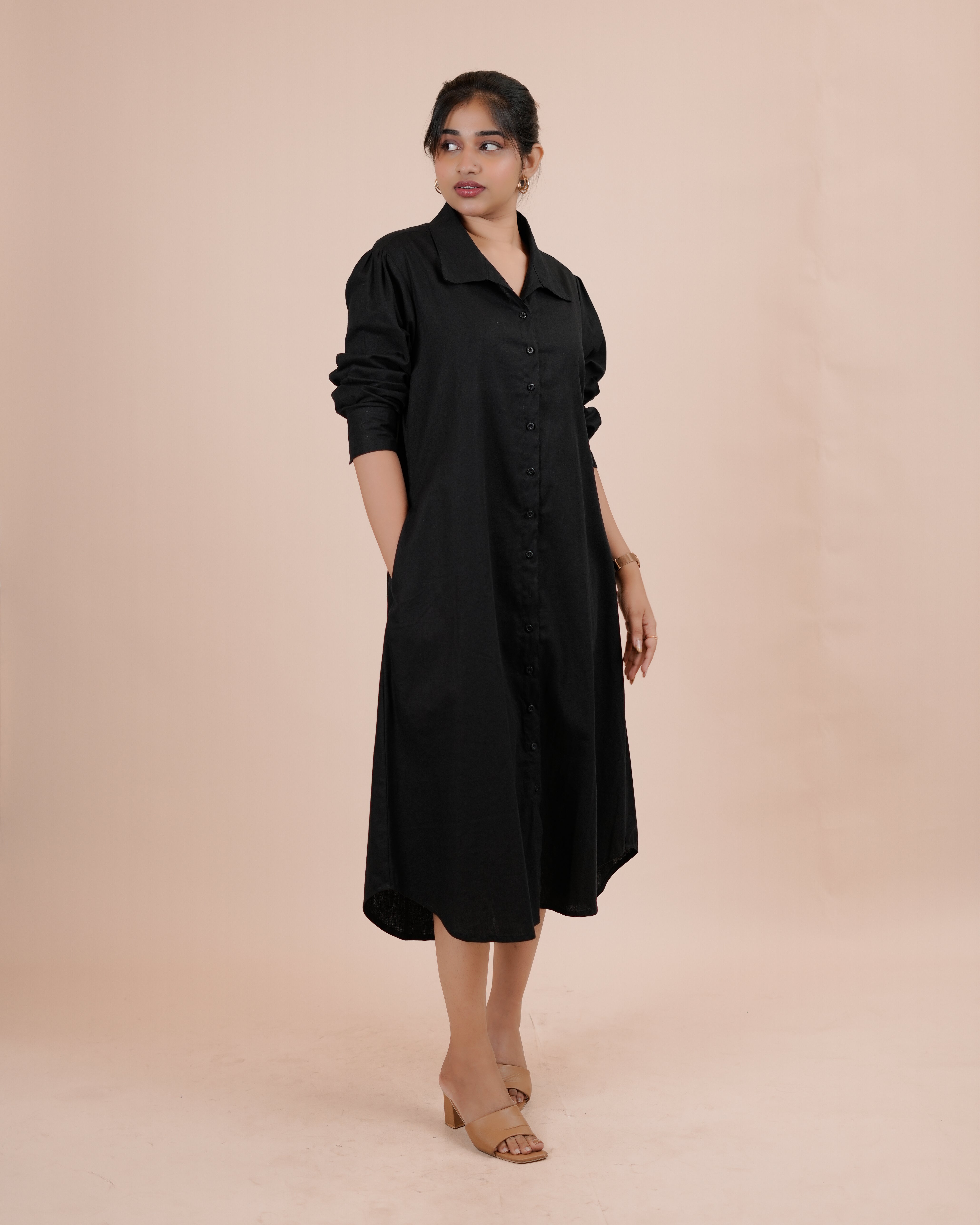 Black linen shirt dress
