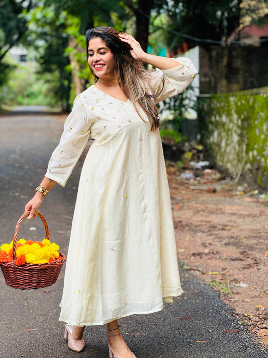 Off white hand embroidered dress
