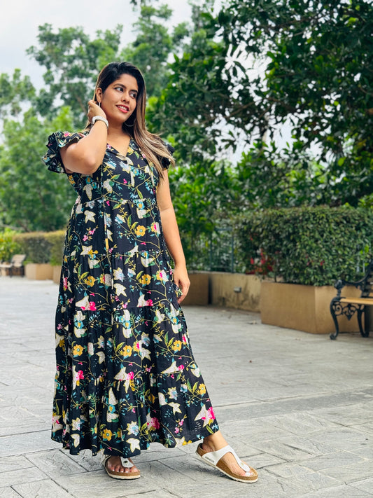Sari maxi printed black dress