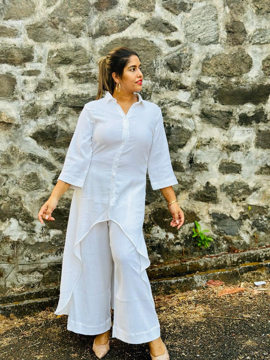 Organic textured cotton white button down high low co ord set - d24
