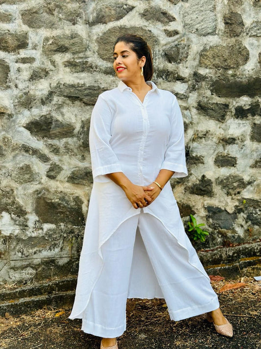 Organic textured cotton white button down high low co ord set - d24