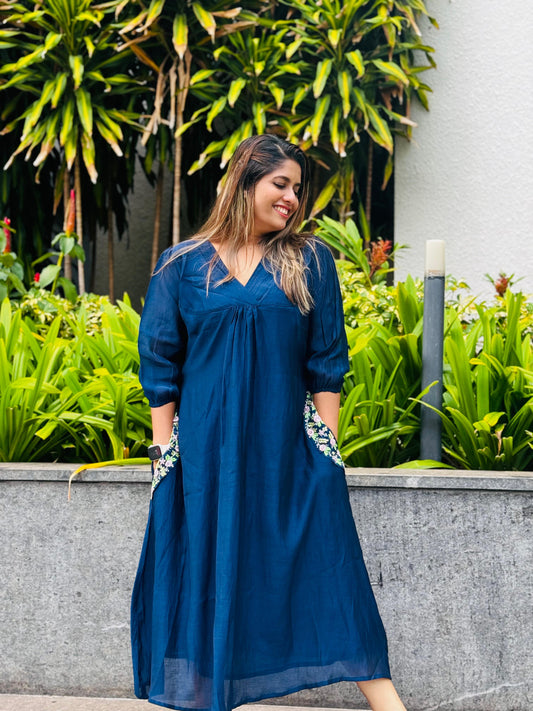 Deep Blue Silk Cotton On Tunic Dress With Floral Pocket - R23