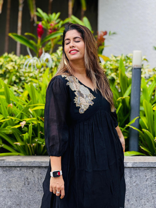 Black Silk Cotton Dress With Handwork Detailing - p23