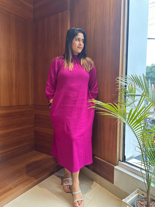 Crush cotton deep pink high neck dress