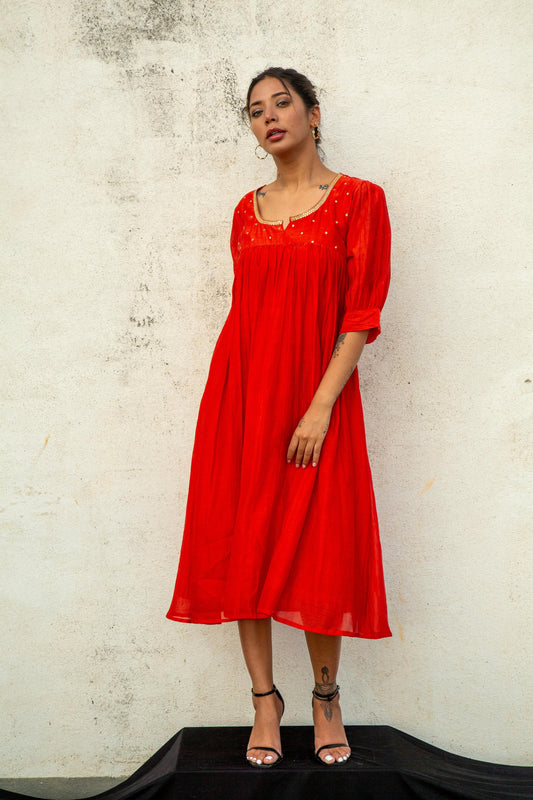 Chilli Red Polkazari Tunic Dress -V25