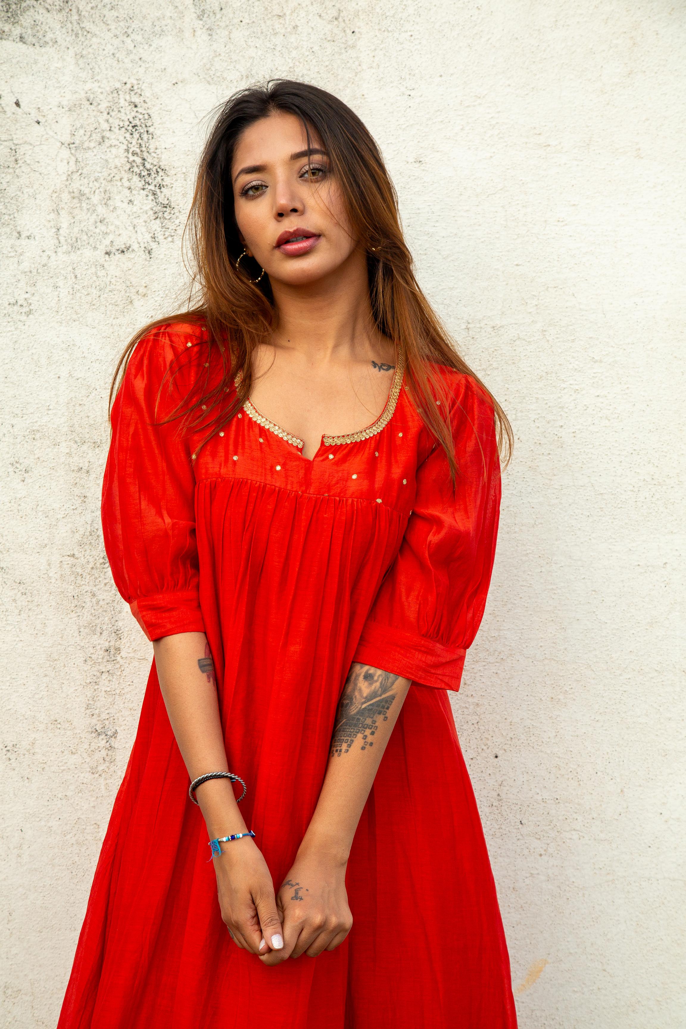 Chilli Red Polkazari Tunic Dress -V25 – Loomroot
