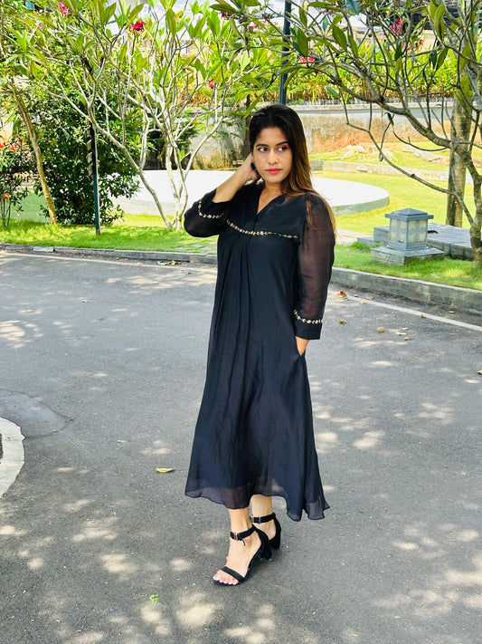 Black Tunic Dress With Handwork On Sleeves And Bust Line - k23