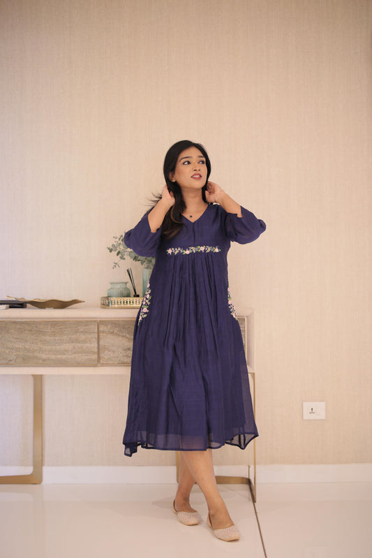 Royal Blue Silk Cotton Dress With Handwork Detailing - q23