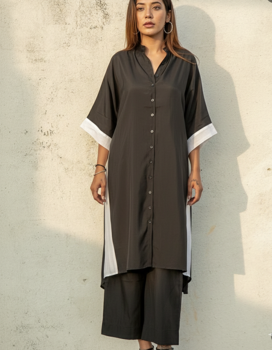 Black and white semi silk coord set