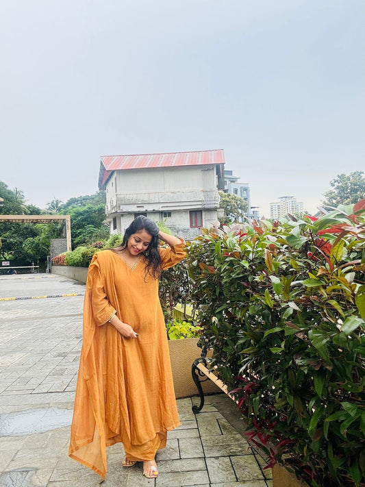 Mustard yellow chanderi Kurthi set