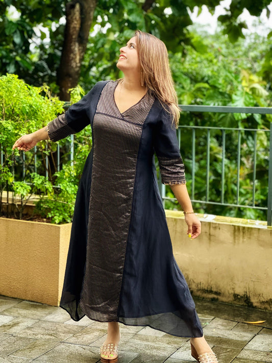 Black Silk Stipe Tunic Dress  With Handwork On Sleeves - j23