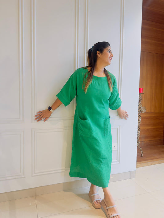 Crush cotton green front pocket dress