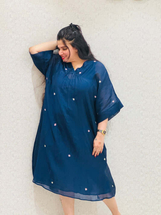 Blue Silkcotton Kaftan Dress With Flower  Embroidery Detailing - T23