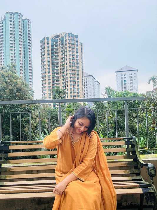 Mustard yellow chanderi Kurthi set