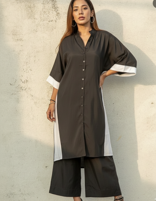 Black and white semi silk coord set