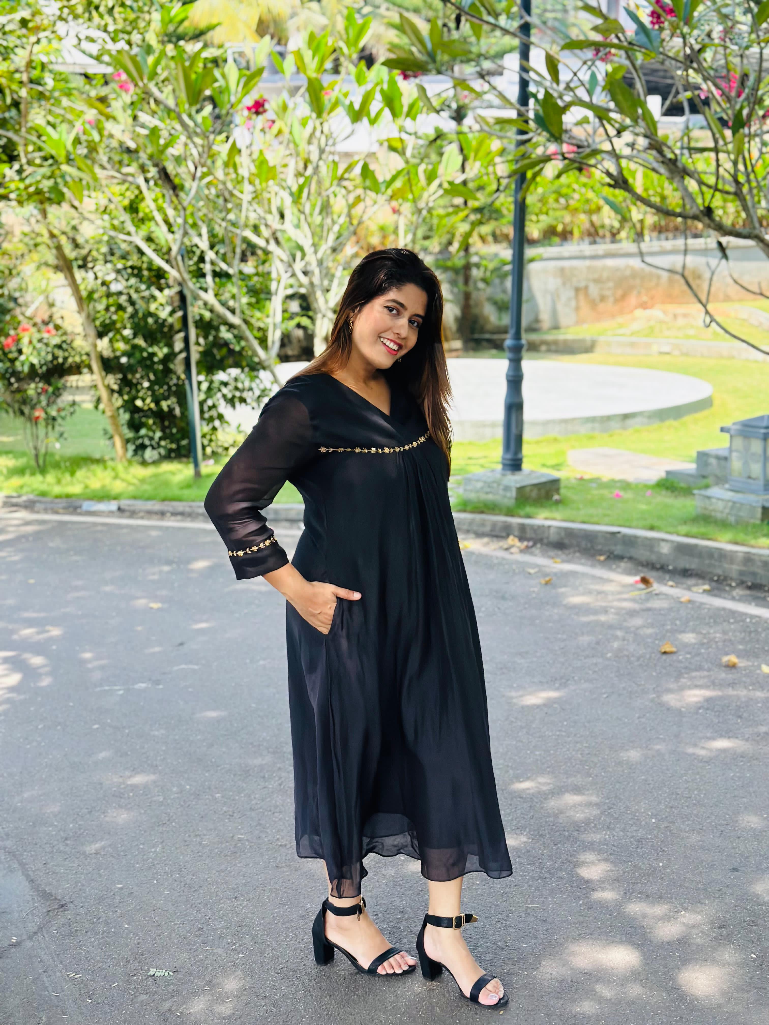 Black Tunic Dress With Handwork On Sleeves And Bust Line