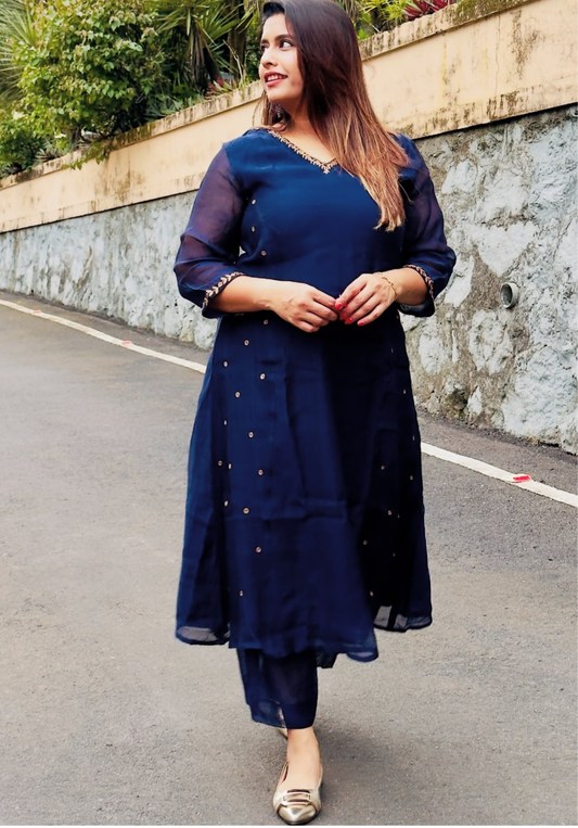 Zari polka blue Kurthi pant