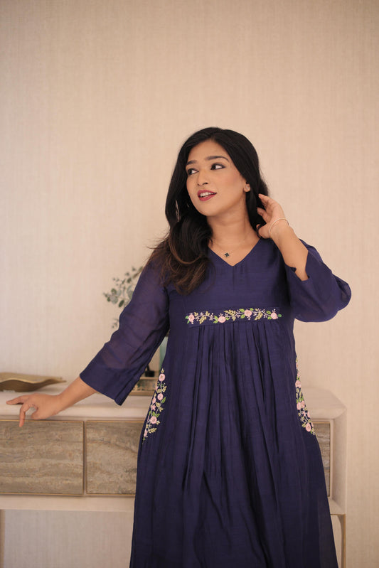 Royal Blue Silk Cotton Dress With Handwork Detailing - q23