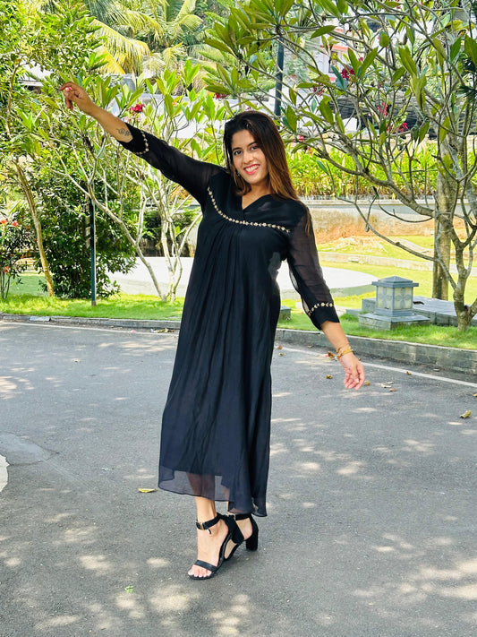 Black Tunic Dress With Handwork On Sleeves And Bust Line - k23