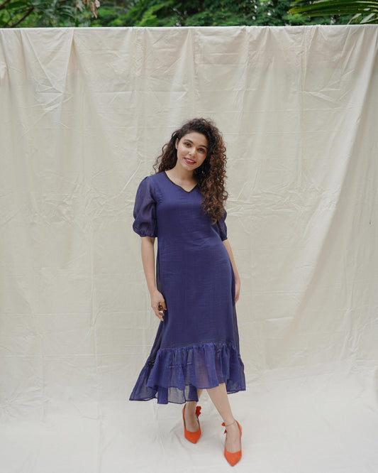 Deep Blue Silk Cotton Asymmetrical Dress - s23