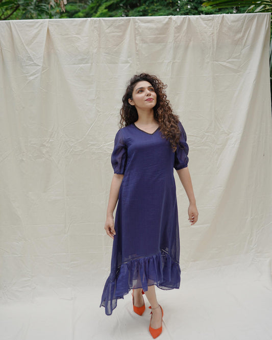 Deep Blue Silk Cotton Asymmetrical Dress - s23