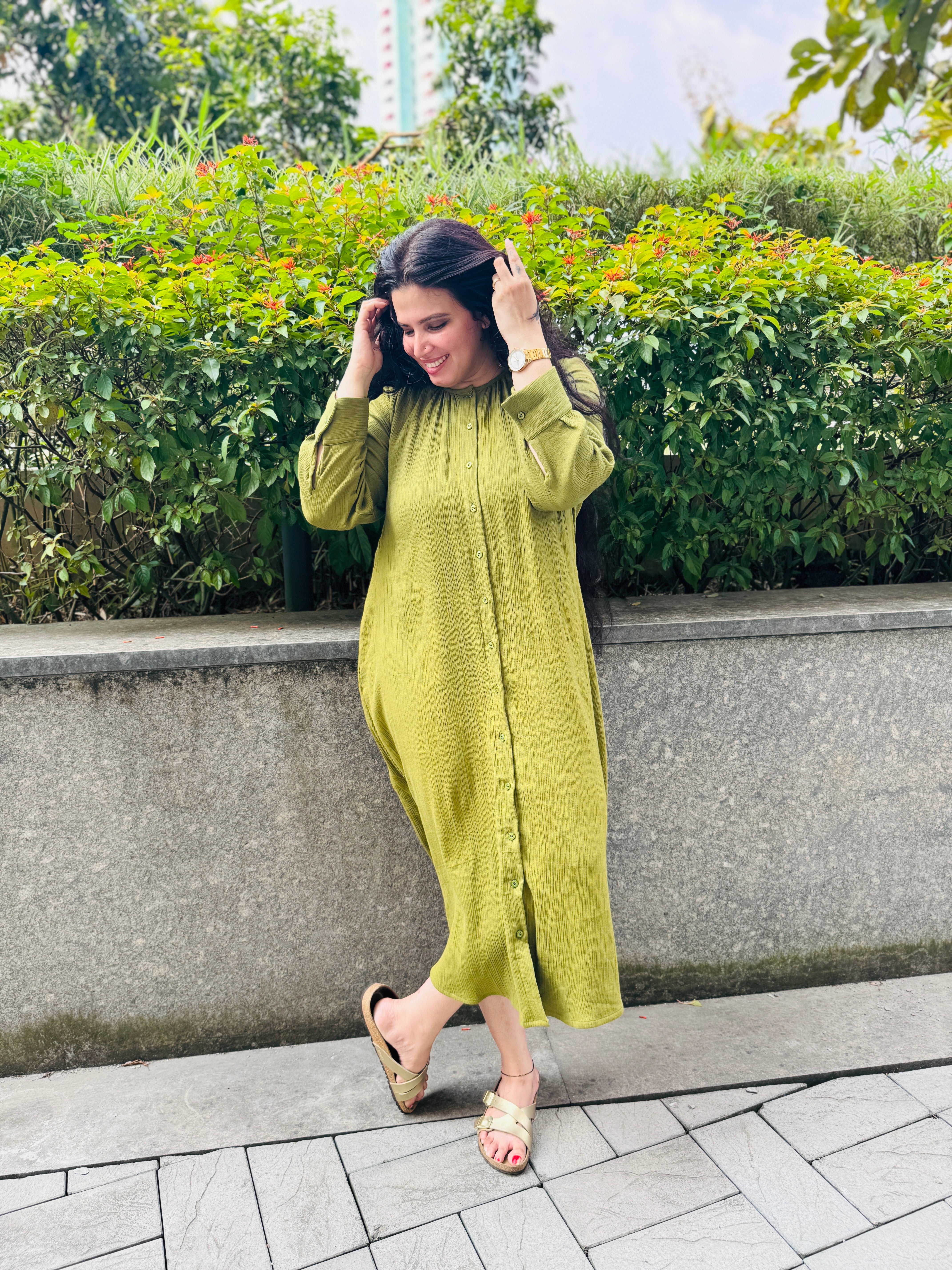 Organic cotton green button down dress