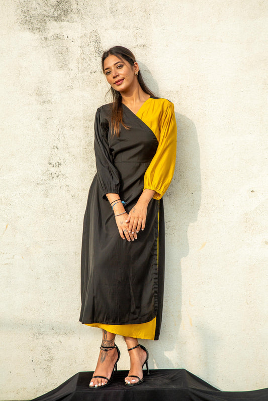 Yellow And Black Mix Drape Dress - W25