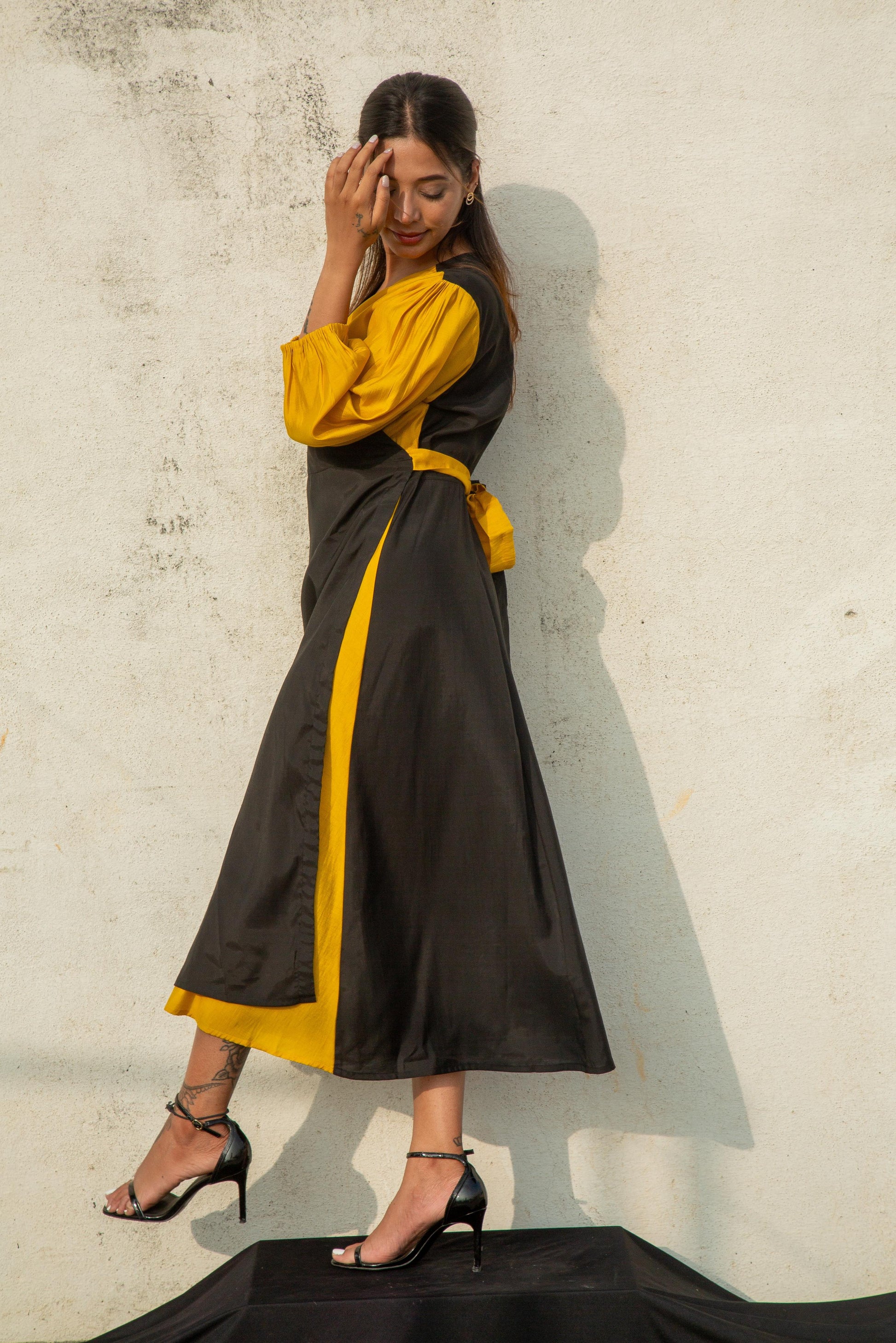Yellow And Black Mix Drape Dress - W25 Loomroot Yellow And Black Mix Drape Dress - W25 Loomroot