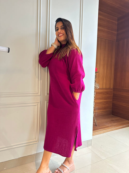 Crush cotton deep pink high neck dress
