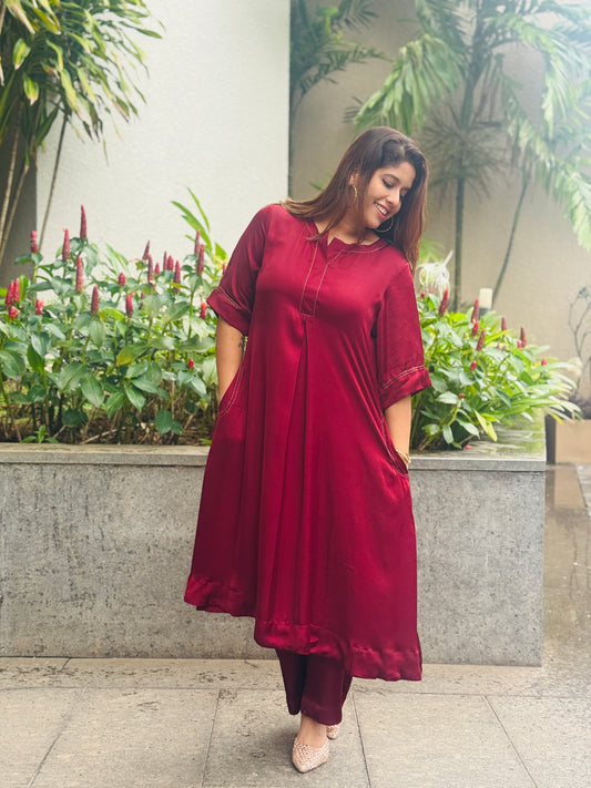 Modal Maroon Coordset With Zari Thread Detailing - o25