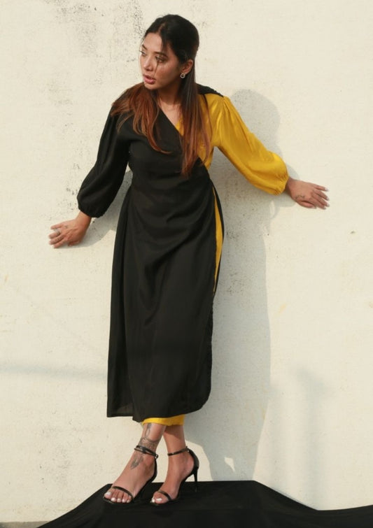 Yellow And Black Mix Drape Dress - W25