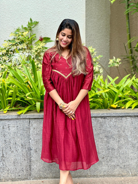 Pure Chanderi Cotton Bright Maroon Tunic Dress With Hand Embroidery - D26