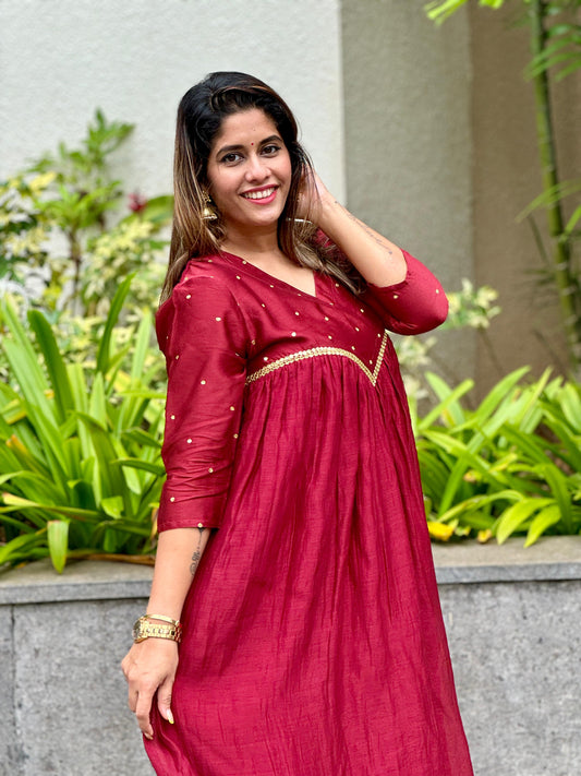 Pure Chanderi Cotton Bright Maroon Tunic Dress With Hand Embroidery - D26